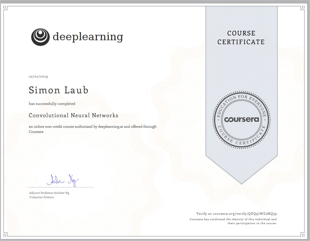 Simon Laub, Deeplearning AI Online Certificate. Convolutional Neural Nets