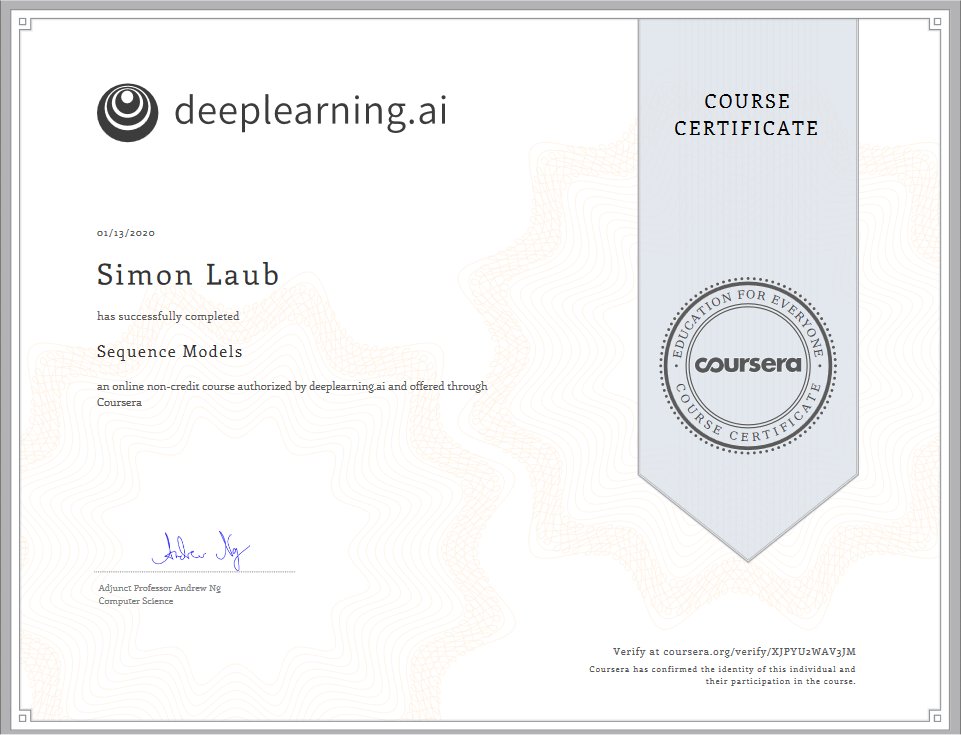 Simon Laub, Deeplearning AI Online Certificate. Sequence Models