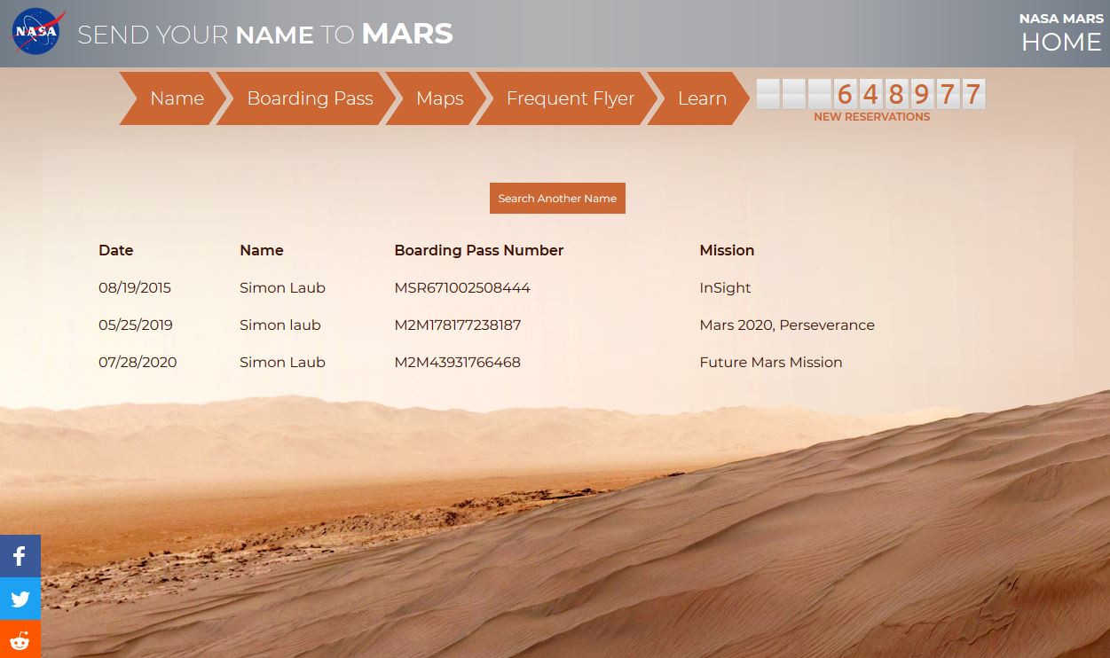 Mars Perseverance Rover. Get your name to Mars.