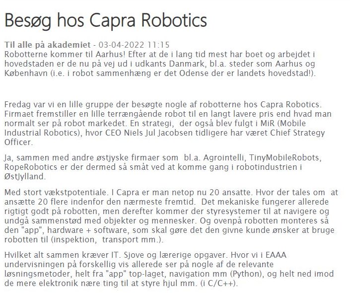 Visit to Capra Robotics. On the right CEO Niels. Along with me, and PBA students Kristoffer, Steffen, Christian and Ulrich.