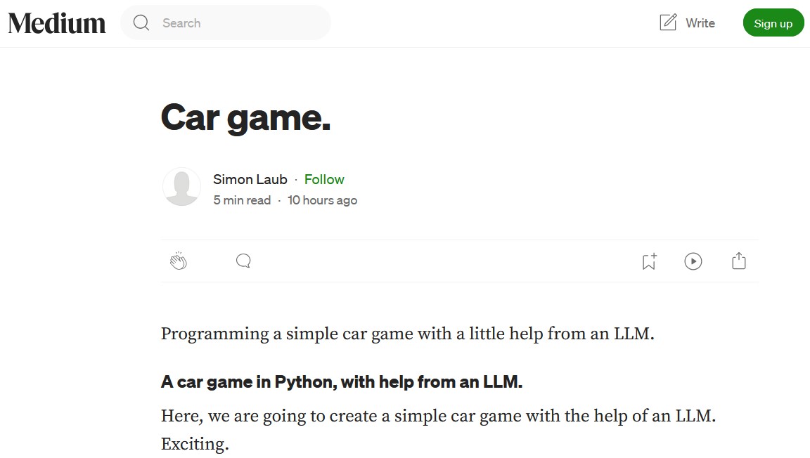 2024 - Post about a car game on Medium. 2024 - Post about a car game on Medium.