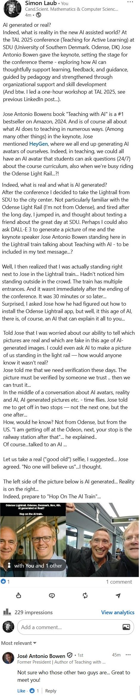 Meeting Jose Antonio Bowen on the Lightrail train. Linkedin post about the TAL conference. Nov. 9th, 2025. Meeting Jose Antonio Bowen on the Lightrail train. Linkedin post about the TAL conference. Nov. 9th, 2025.