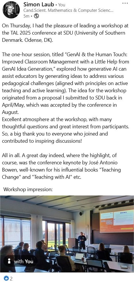 Linkedin post about the TAL Workshop. Nov. 9th, 2025. Linkedin post about the TAL Workshop. Nov. 9th, 2025.